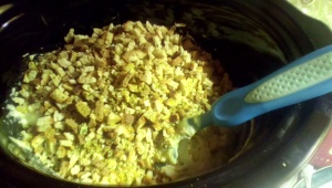 Mixing stuffing and pasta into chicken mixture